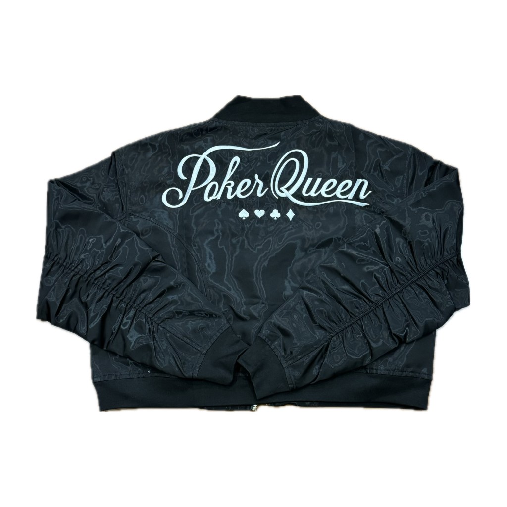 Back view of a black jacket featuring the text 'Poker Queen' in a stylish font.