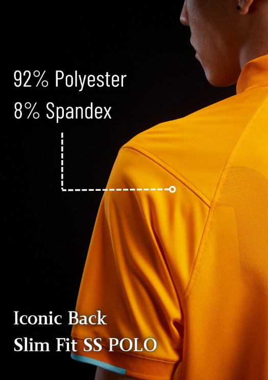 Close-up of an orange polo shirt showcasing the fabric composition: 92% Polyester and 8% Spandex, with details highlighting the iconic back and slim fit style.