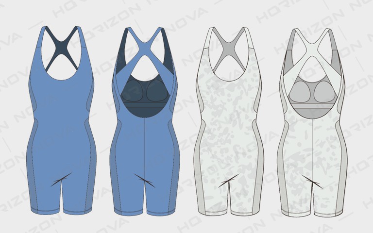 Four designs of sustainable athletic performance apparel featuring different color schemes, showcasing innovative textile craftsmanship.