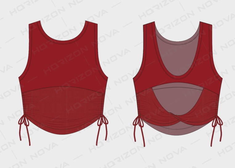 Red athletic crop top design featuring a front knot and adjustable ties at the sides, showcasing a sleek and modern silhouette.