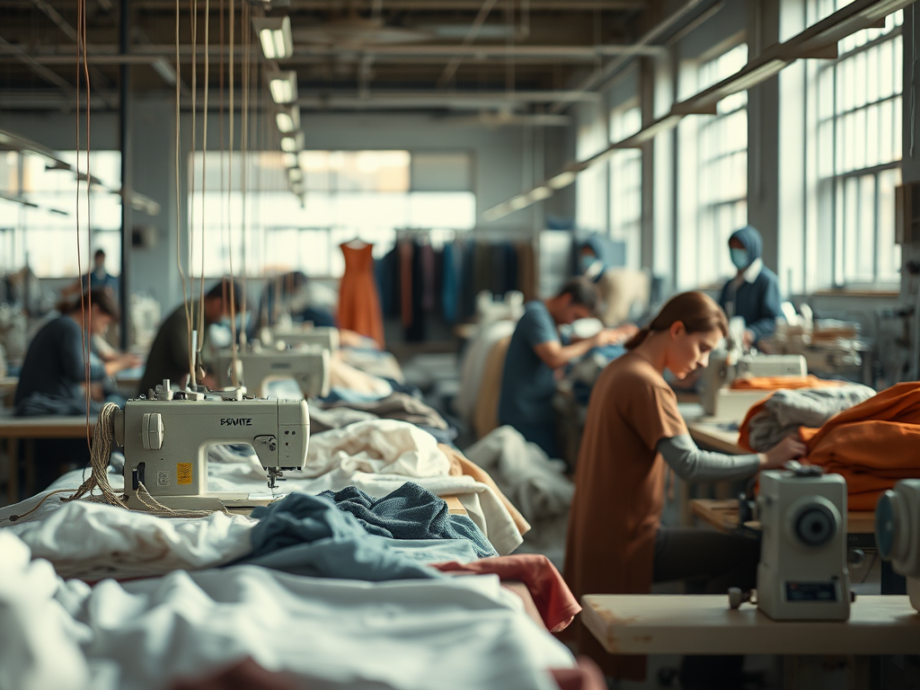 A sewing workshop with workers focused on garment production, featuring sewing machines and neatly arranged fabrics.