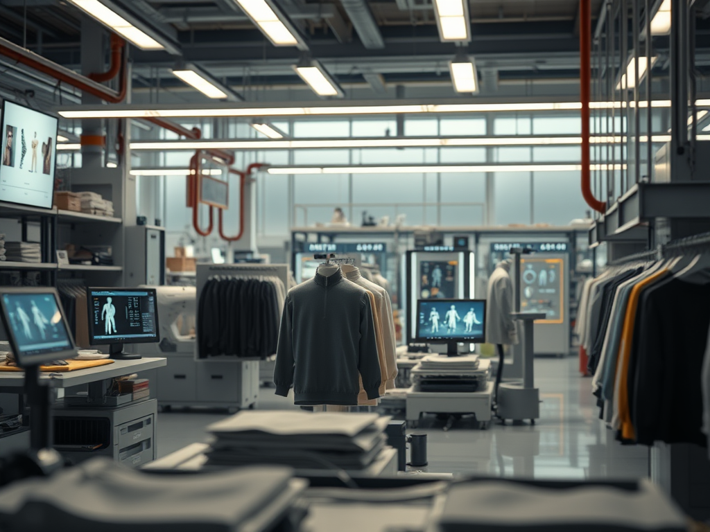 A modern apparel design studio showcasing various clothing items on display, along with computers displaying design and fit technology.