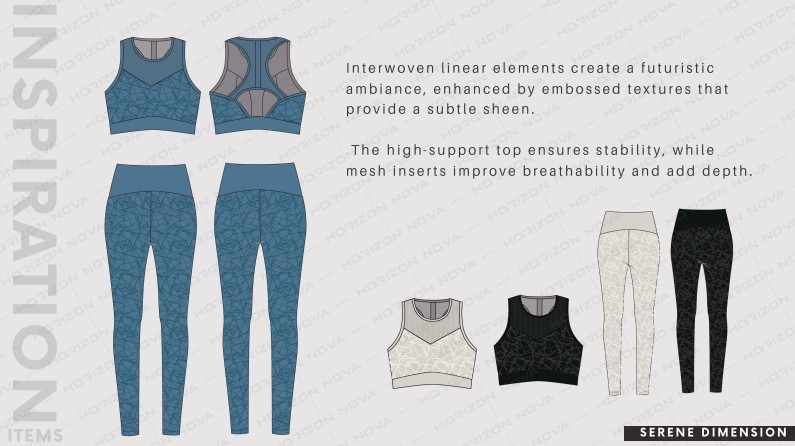 Fashion design sketch featuring high-support sports tops and fitted leggings with interwoven linear elements and mesh inserts, showcasing a futuristic style and subtle sheen.