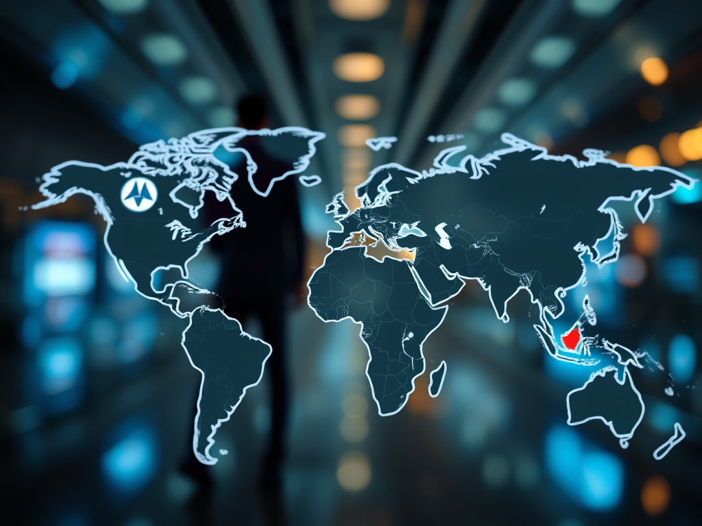 A stylized world map with highlighted regions, showing a focus on Asia, particularly Taiwan, amid a blurred urban background that conveys a global business environment.